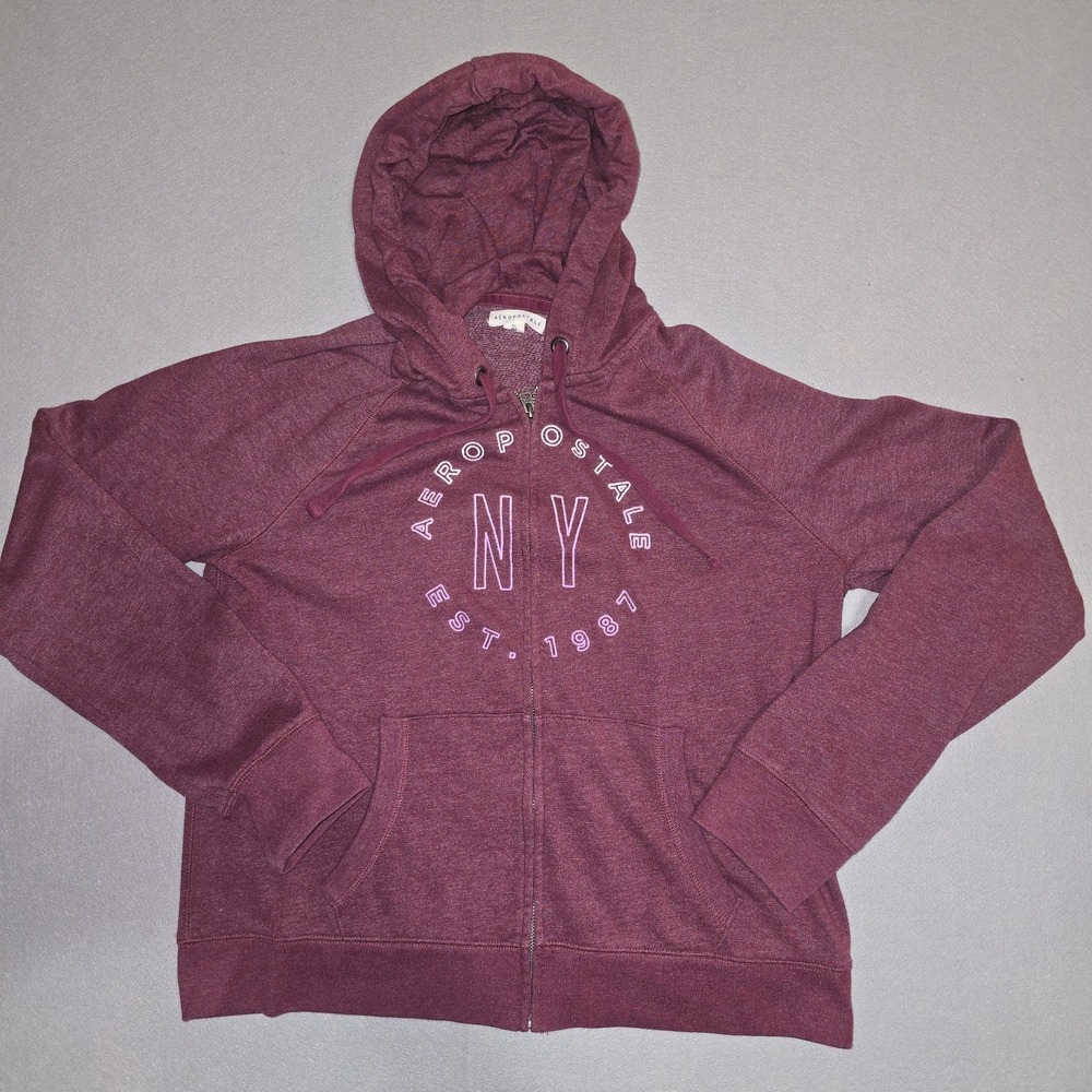 Aeropostale Womens XL Burgundy Full Zip Hoodie NY 1987 Graphic Fleece Sweatshirt